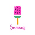 Vector summer card with cute pink ice cream-watermelon. Summer lettering. Royalty Free Stock Photo