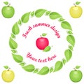 Vector summer circle design elements with red apple and fresh green leaves
