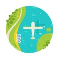 Vector summer colorful illustration, travelling, holidays. Flying white plane under the river, sea.