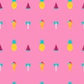 Vector summer colorful illustration, travelling, holidays. Seamless pink pattern for party, wrapping paper, fabric, web Royalty Free Stock Photo