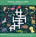 Vector summer crossword puzzle for kids. Quiz with tropical animals and birds for children. Educational jungle activity with cute