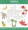 Vector summer crossword puzzle for kids. Quiz with tropical elements for children. Educational jungle activity with cute funny