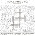 Vector summer crossword puzzle. Quiz with tropical animals and birds for children. Educational black and white jungle activity