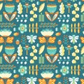 Vector summer decorative seamless background with flowers, bugs