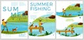 Vector summer fishing posters set - man with dog