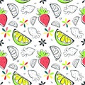 Vector summer fruits seamless pattern, sketch hand drawn lemon slice, strawberry, transparent shapes, flowers in colors Royalty Free Stock Photo