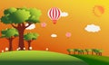 Vector of summer hill and fields with  trees and  balloon in the sky Royalty Free Stock Photo