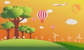 Vector of summer hill and fields with  trees and  Wind turbine. Passenger plane  and balloon in the sky Royalty Free Stock Photo