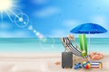 Vector Summer Holiday Illustration with Beach Ball, Palm Leaves, Surf Board and Typography Letter on Blue Ocean Landscape Royalty Free Stock Photo