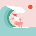 Vector summer illustration in modern trendy flat simple style. Happy girl surfing. Young character riding surf board. Royalty Free Stock Photo