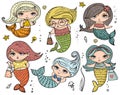 Vector summer illustration set with cute fashion girls mermaids under the sea and funny ocean animals and fishes