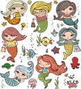 Vector summer illustration set with cute fashion girls mermaids under the sea and funny ocean animals and fishes