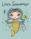 Vector summer illustration set with cute fashion girls mermaids under the sea and funny ocean animals and fishes