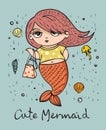 Vector summer illustration set with cute fashion girls mermaids under the sea and funny ocean animals and fishes