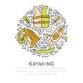 Vector summer kayaking icon set, hand draw style with decorations in round form. Doodling of kayak boat, top and front