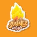 vector summer kids camp cartoon logo with campfire isolated on orange background. Summer camp vintage funky flyer, funny Royalty Free Stock Photo