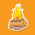 vector summer kids camp cartoon logo with campfire isolated on orange background. Summer camp vintage funky flyer, funny Royalty Free Stock Photo