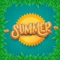 Vector summer label paper art syle on green foliage background . Summer beach party poster, flyer or banner design