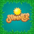 Vector summer label paper art syle on green foliage background . Summer beach party poster, flyer or banner design