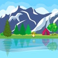 Vector summer landscape with forest, mountains and lake on a blu Royalty Free Stock Photo