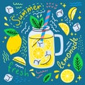 Vector summer lemonade poster with lettering and scribbles in doodle primitive style. Lemonade from lemons in mason jar