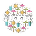 Vector summer lettering with linear icons and signs travel and vacation concept