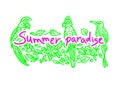 Vector summer lettering Tropical birds and green plants Ornate symbol Royalty Free Stock Photo