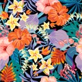 Vector summer natural vintage exotic seamless pattern with tropical leaves, leaves, flowers, hibiscus, orchid. Botanical Royalty Free Stock Photo