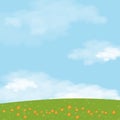 Vector summer nature background with blue sky and green grass fields,Cartoon illustration Spring background with white fluffy Royalty Free Stock Photo