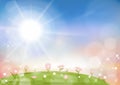 Vector summer nature background with blue sky and green grass fields,Spring background with abstract blurry bokeh sun light effect Royalty Free Stock Photo