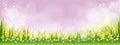 Vector summer nature background with daffodils, tiny daisy flowers and green grass fields. Spring background with abstract blurry Royalty Free Stock Photo