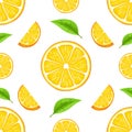 Vector summer pattern with oranges and leaves. Seamless texture design. Juicy orange with slice and leaves. Fresh citrus Royalty Free Stock Photo