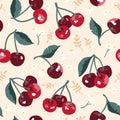 Vector summer pattern with sweet cherries, flowers and leaves. Seamless texture design. Royalty Free Stock Photo