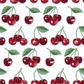 Vector summer pattern with sweet cherries, flowers and leaves. Seamless texture design. Royalty Free Stock Photo