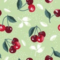 Vector summer pattern with sweet cherries, flowers and leaves. Seamless texture design Royalty Free Stock Photo