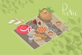 vector Summer picnic in the park Basket top view Vector illustration. spring picnic in the meadow with food and drinks