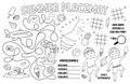 Vector summer placemat for kids. Beach holidays printable activity mat with difference searching, dot-to-dot, maze. Black and