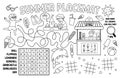 Vector summer placemat for kids. Beach holidays printable activity mat with wordsearch, tic tac toe charts, maze. Black and white Royalty Free Stock Photo