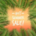 Vector summer poster framed with green palm leaves on sunset col Royalty Free Stock Photo