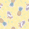Vector Summer Roller Skates with Pineapples on Sunny Yellow seamless pattern background. Royalty Free Stock Photo