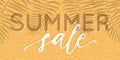 Vector summer sale banner design with realistic shadows of palm leaves on sand background. Royalty Free Stock Photo