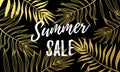 Vector Summer Sale black background with golden palm leaf pattern