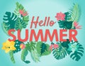 Vector summer sale lettering concept tropical. Hello summer tropical floral concept. Flower background.