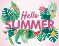 Vector summer sale lettering concept tropical. Hello summer tropical floral concept. Flower background.