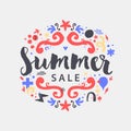 Vector summer sale template with funky hand drawn elements. Can be used for party, birthday, invitations and weddings.