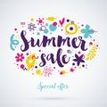 Vector summer sale template with funky hand drawn elements. Can be used for party, birthday, invitations and weddings.