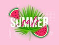 Vector Summer sale trendy illustration. Modern background with liquid fluid shapes, watermelon slices, tropical palm leaf