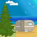 Vector summer sea landscape with a huge Christmas tree, beach