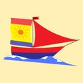 Vector summer sea landscape. Ship with scarlet sails, calm sea a