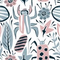Vector Summer Seamless Pattern with Bugs and Leaves Royalty Free Stock Photo
